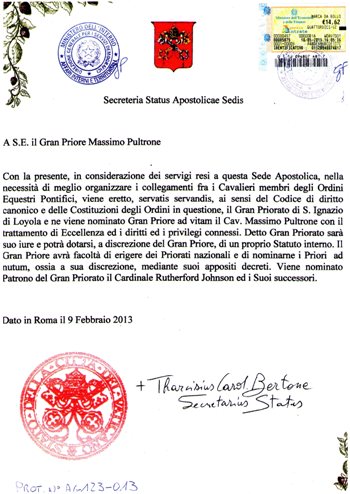 Registrazione presso la Segreteria dello Stato Vaticano a firma di Sua Eminenza Reverendissima Card. Tarcisio Bertone